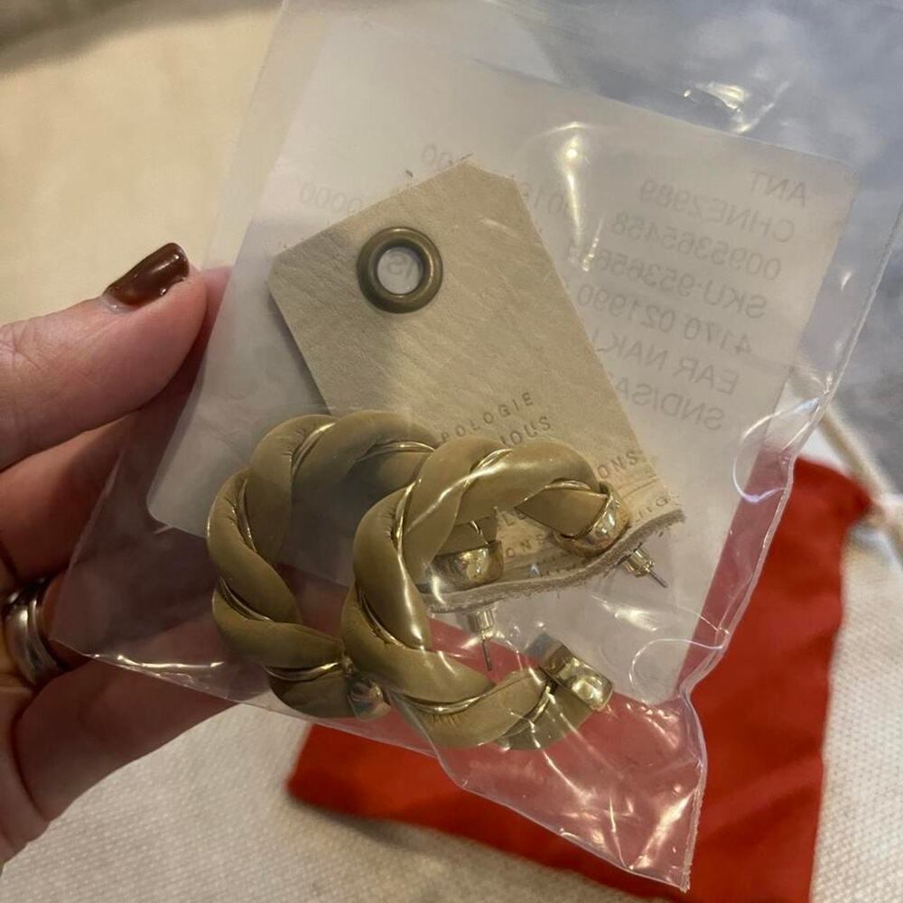 Anthropologie Sable Leather Twist Hoop Earrings – Gold & Tan – New